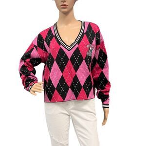 Hot Topic Monster High Alumni Women’s Gothic Argyle Cropped Sweater Sz L